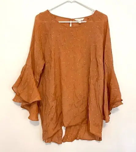 LC Lauren Conrad  Plus Size Slit Back Mini Heart Blouse Orange Bell Sleeve Boho