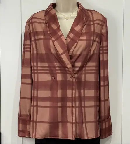 C/MEO COLLECTIVE Silky Plaid Blazer Jacket Small Double Breasted Chic Rust Red