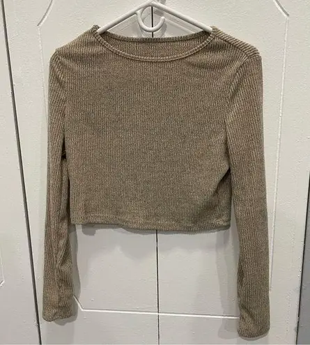 NWOT Casual Solid Ribbed Cropped Long Sleeve Shirt Tan Size L