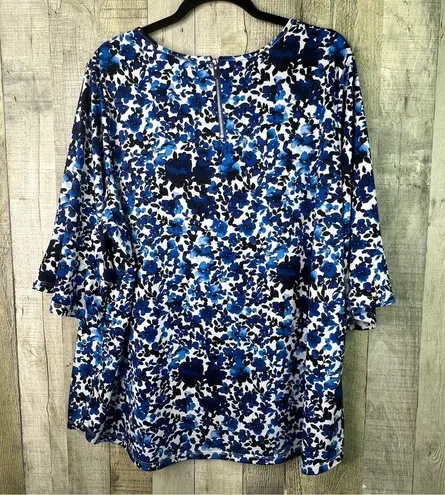 Ellen Weaver Size 3X White & Blue Floral Crewneck Short Bell Sleeve Blouse W/Zip