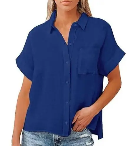 Blue linen short sleeve shirt, ladies small short sleeve relaxed fit button down