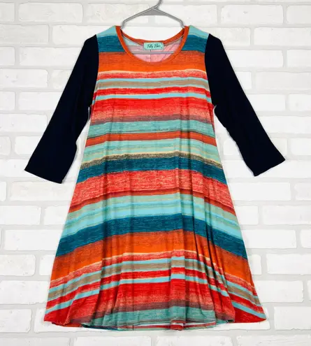 Filly Flair Women's Medium M Shift Dress Orange Teal Blue Striped 3/4 Sleeve