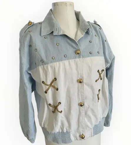 Amazing Vintage 80s Studded Gold Embellished Bomber Jacket Blue Cream Fresh L Size L