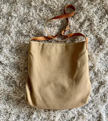 Hunter Tan/Brown Canvas  Bucket Bag Crossbody Leather Detailing Purse Boho Bohemian Neutrals Minimalist Earth Tones 