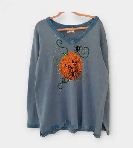Vintage Halloween Sequin Jack O Lantern Pumpkin Coastal Grandma Sweater Blue Size XL