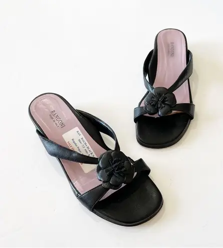 Rangoni Dalma Black Napa Leather Sandals Floral Mini Wedge Women’s Size 7.5 $170