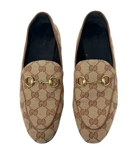 Gucci Jordaan Horsebit GG Supreme Monogram Canvas Leather Trim Loafers Size 37