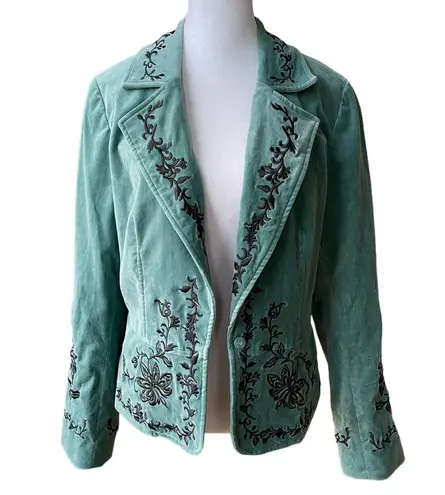 Karen Kane Vintage Turquoise Blue Green Velvet Jacket Black Embroidery Detail 4