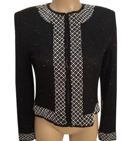 Brilliante Black & White Sequins Silk Collarless Long Sleeve Evening Jacket S