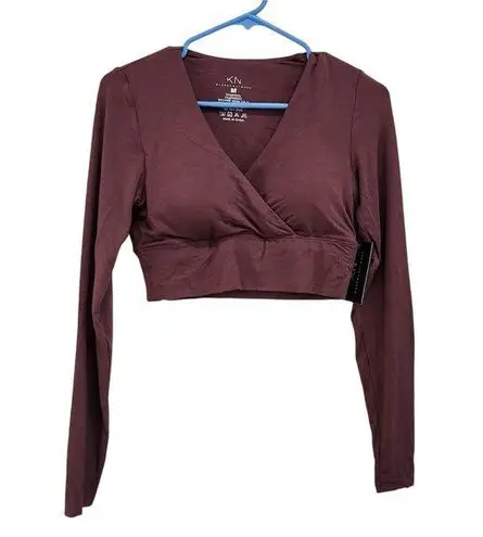 Klassy Network Surplice Long Sleeve Wrap Top Brown Built in Bra Basics Brami M Size M