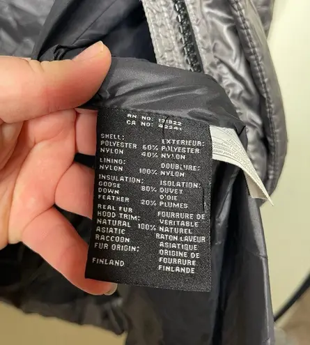 SAM. Women metallic silver millennium knee length puffer down coat fox fur sz S