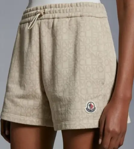 Moncler NWT Monogram Drawstring Shorts – Beige Logo Print Luxury Style, Size S - Image 1