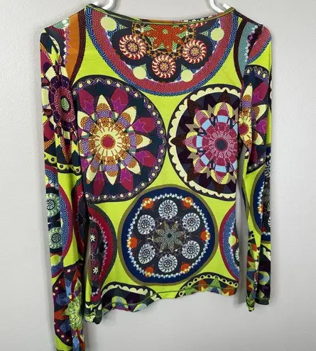 Fuzzi Shirt Womens Small Multi Color Bright Loud Kaleidoscope Print Long Sleeves Yellow