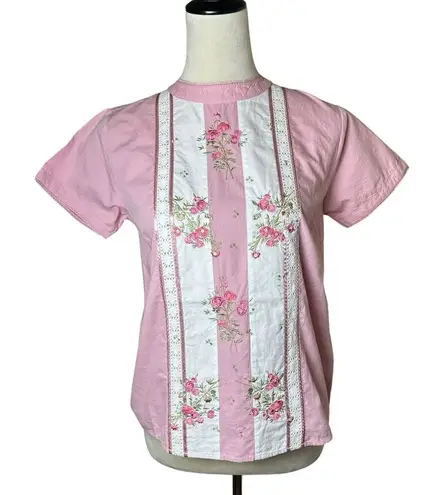Somerset Bay Pink Embroidered Floral Blouse S | Lace Trim Girly Cottagecore Top