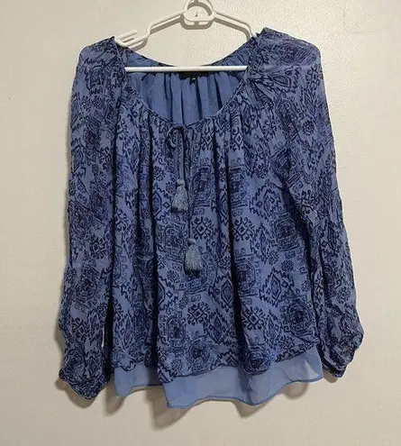 Majorelle  Blue Patterned Blouse with Tassel Tie Neckline Size Small