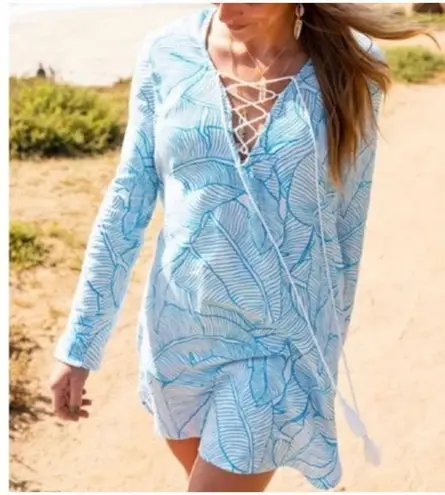 Charlie Holiday Womens Swim Cover Up Long Sleeve Tassel Hooded Blue Size 6