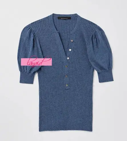 White House | Black Market WHBM Elbow Sleeve Cashmere Blend Puff Henley Sweater Blouse V-Neck Fuzzy Ribbed