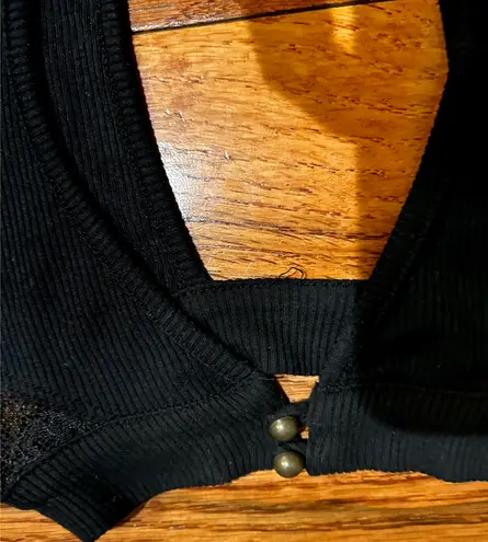 Bebe  Black rhinestones Bling Lace Shoulder Cut Out Ribbed Long Sleeve Choker Top