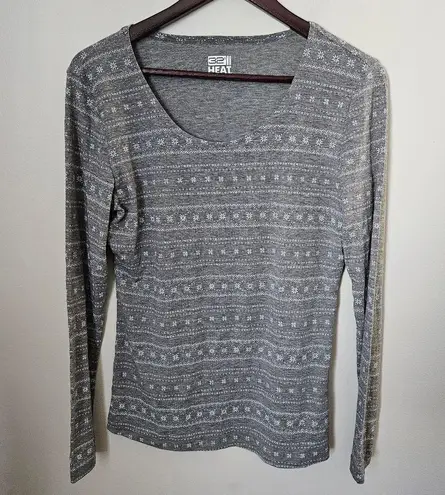 32 Degrees Heat Long Sleeve Top T-Shirt Gray Snowflake Striped White Print