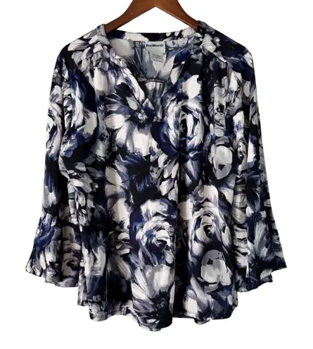 Bonworth Womens Floral Print V Neck Bell Sleeve Blouse Top Plus Size