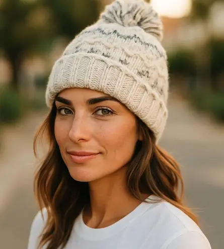 FatFace Knit Hat Pom Bobble Beanie Cuff Fair Isle Wool Holiday Vacation Cream