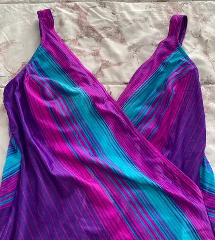 Maxine of Hollywood Vintage One Piece Purple Blue Pink Striped Swimsuit, size M
