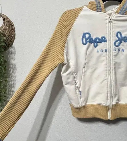 Pepe Jeans Y2K Zip Jacket Ribbed Cream Sleeves & Hood Small Hip-Hop Throwback