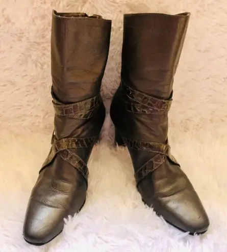 Brighton  Heeled Boots 7.5 Risque Leather Mid-Calf Alligator Pewter Silver