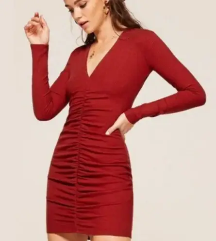 Reformation Raven Ruched Ribbed Cherry Long Sleeve Mini Dress