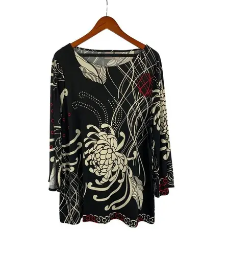 Chico's  Black Long Sleeve Floral Tunic Top Size 2 Polyester Spandex Blend