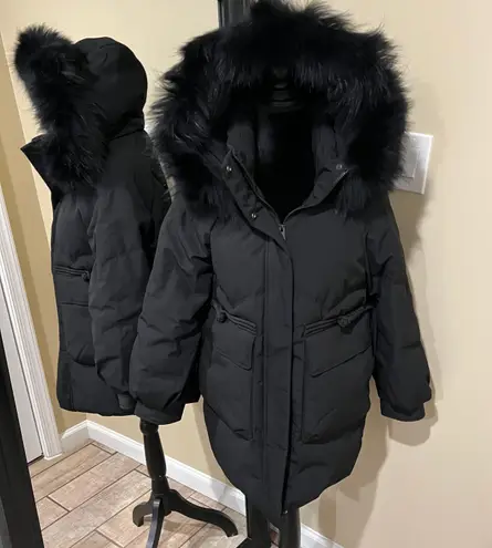 Real raccoon fur collar down winter jacket coat parka puffer trench coat bomber Black Size M