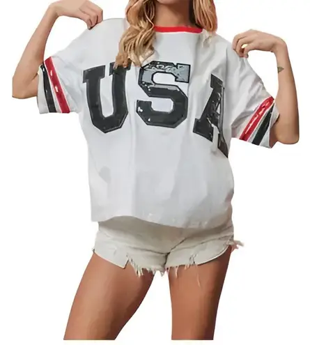 Bibi Womens Patriotic 4th of July Party In The USA Sequin Drop Shoulder Top L White Size L