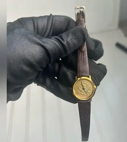Vintage Gold U.S.A Coin Quartz Watch with Brown Leather Strap
