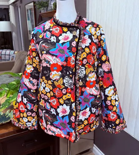 Bright Floral Quilted Jacket Fleece Lined Ruffle Velvet Trim Raglan Sleeve M Pink Size M