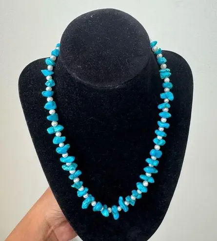 Turquoise Color Bead Nugget Necklace Choker with white pearls Y2K 90s