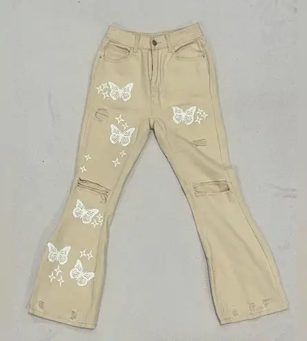 SheIn  Tan Boot Cut Jeans with White Butterfly Design - Image 2