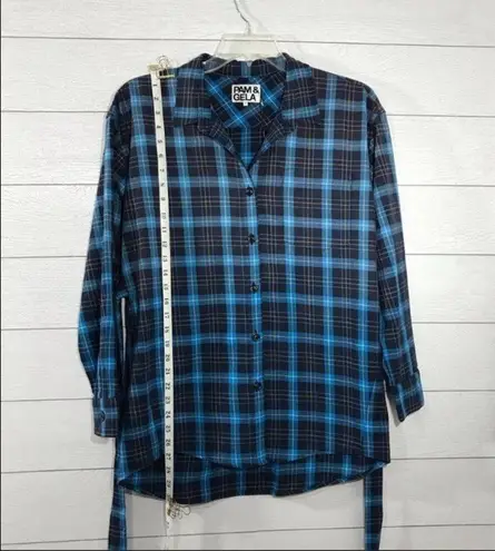Pam & Gela Blue and Black Plaid Long Sleeve Shirt Size Small NWT