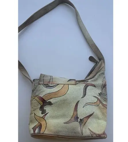 Vintage Magnifique Painted Peacock Art Leather Butterfly Floral Shoulder Bag White