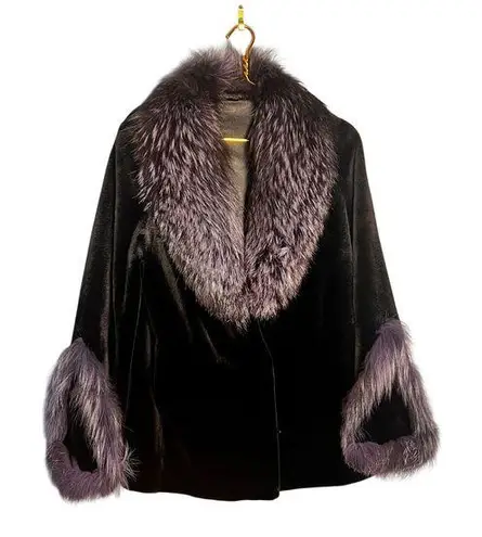 Sheared Mink and Farmed Fox Real Fur Coat Jacket Lush Luxury Purple Black Size 8