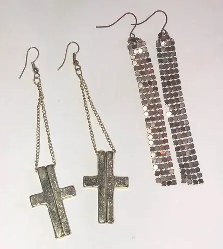 Gold Tone Boho Cross Dangle Brass Tone Mesh Earrings