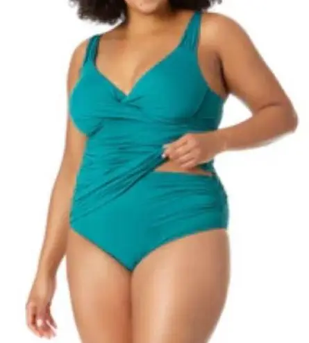 Anne cole  NWT Twist Front Tankini Swim Top Teal Green Size 16W Ruched Adjustable