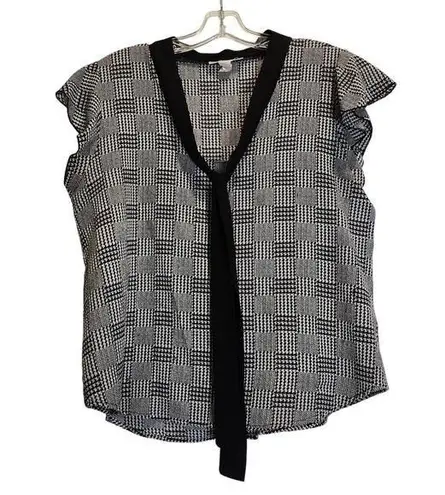 Miley + Molly Houndstooth Plaid Blouse Bow Tie Neck Academia Black White Large