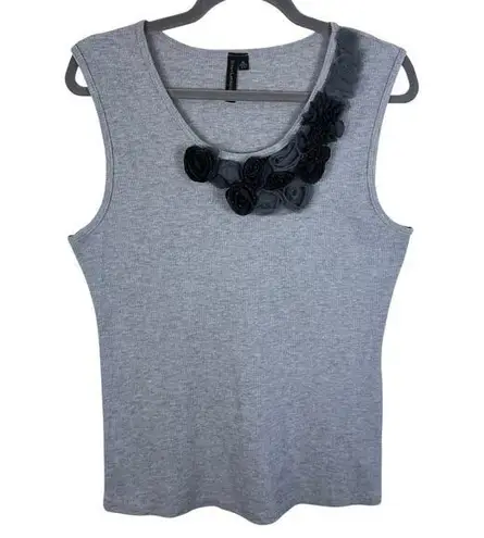 Susan Lawrence 100% Cotton Gray Ribbed Tank Black Gray Floral Detail Size XL