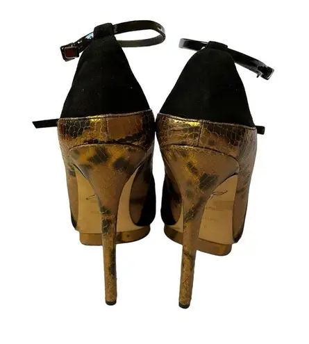 Brian Atwood Campisa black suede and bronze snakeskin embossed stiletto heels