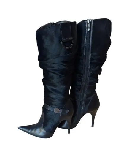 Icone Italy Black Pony Hair Leather Knee High Boots Size 36 Pointed Toe Stiletto