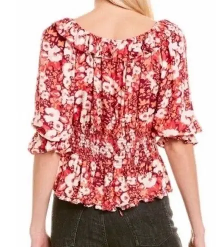 Free People  Sweet Memories Pink Multi Floral Ruffled Puff Sleeve Top Sz L (U13)