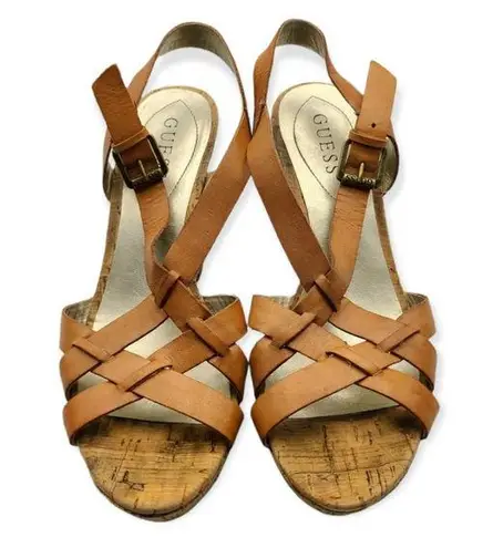 Guess  Shoes Brown High Heeled Cork Wedge Leather Strappy Sandals Size 10M (s1)