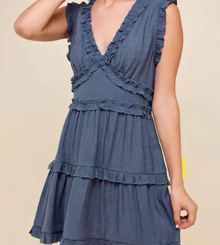 PINCH Women's Sleeveless V Neck Ruffle Mini Dress Blue Size Large