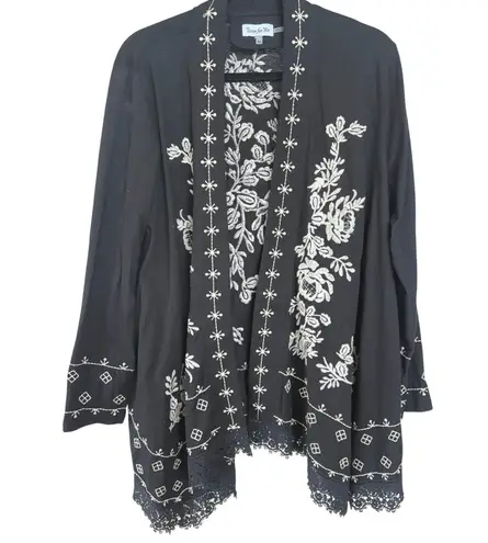 Boho Embroidered Black Flowy Beach Resortwear Kimono Blouse Vacation Medium