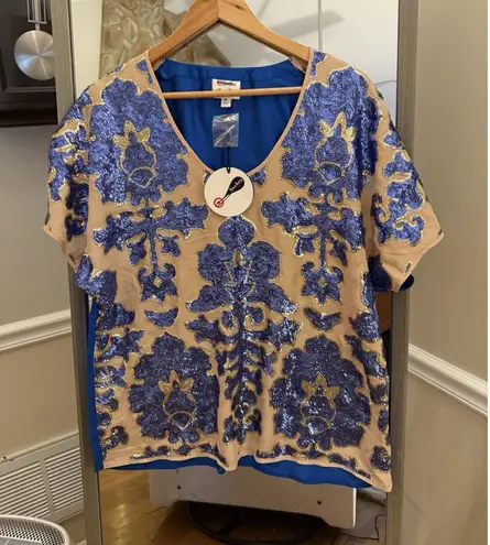 Neiman Marcus  Tracy Reese NWT Women’s Beige & Blue Sequin Blouse XL thumbnail 1